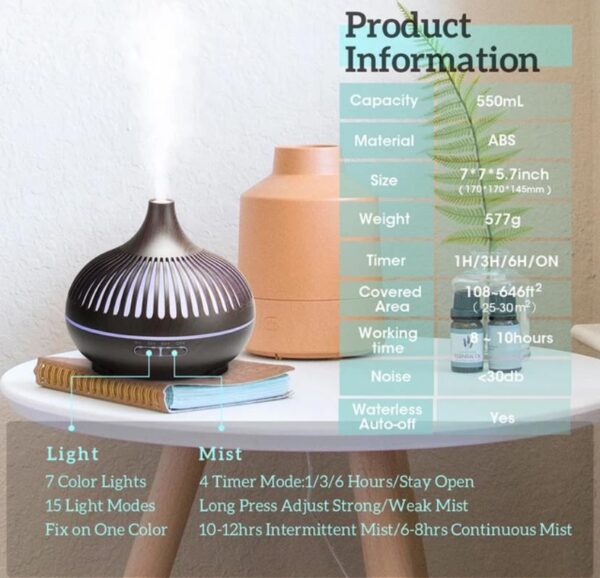 500ML Aromatherapy Essential Oil Diffuser Wood Grain Remote Control Ultrasonic Air Humidifier Cool with 7 Color LED Lights - Image 4