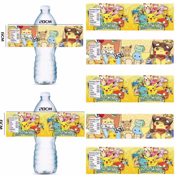 10PCS Pokemon Water Bottle Label Birthday Decoration Pikachu Personalise Waterproof Sticker Baby Shower Kid Party Supplies