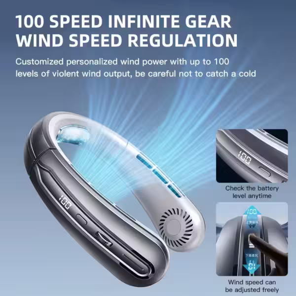 New 8000mAh Hanging Neck Fan 100 Speed Adjustable High Power Mini Air Conditioner Portable USB Rechargeable Electric Fans - Image 2